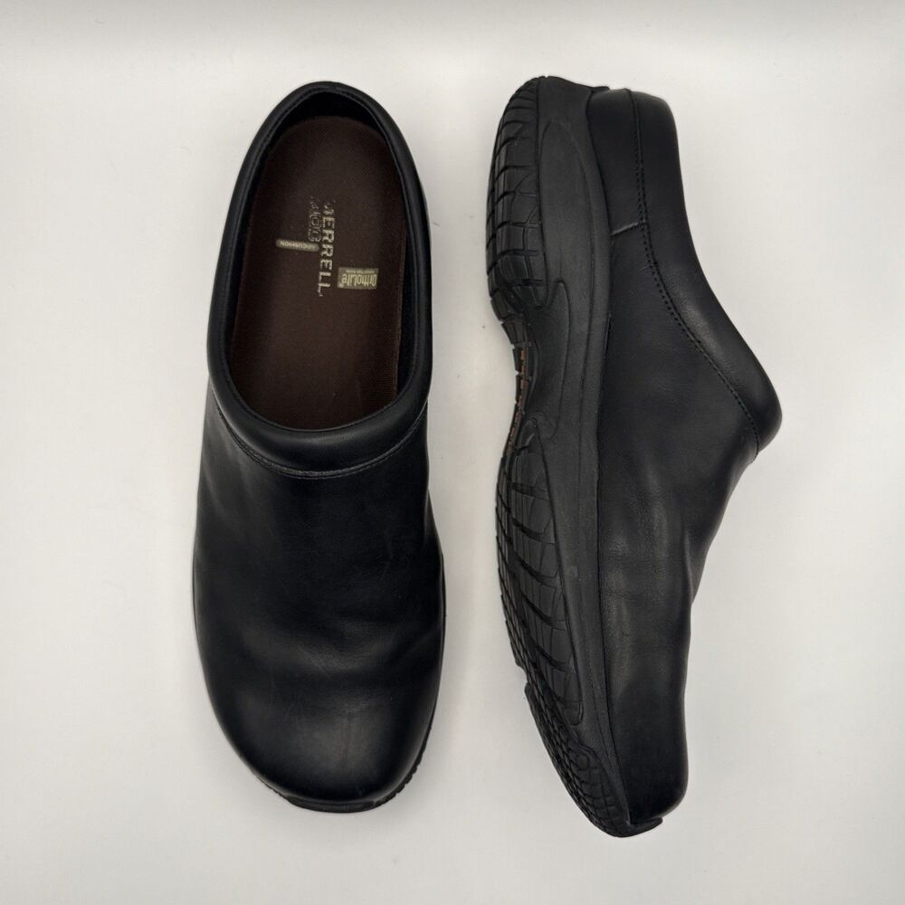 Merrell Encore Groove Mens 11.5 Black Leather Slip On Clog Ortholite Mules Mod